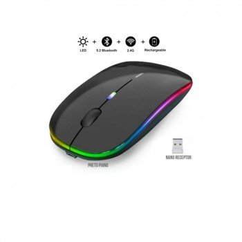 Mouse sem fio Wireless e Bluetooth Recarregável