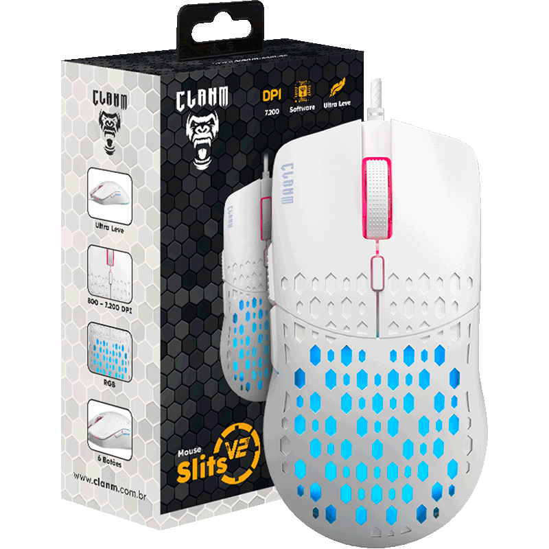 Mouse gamer 7200dpi Clanm - King Slits v2 branco