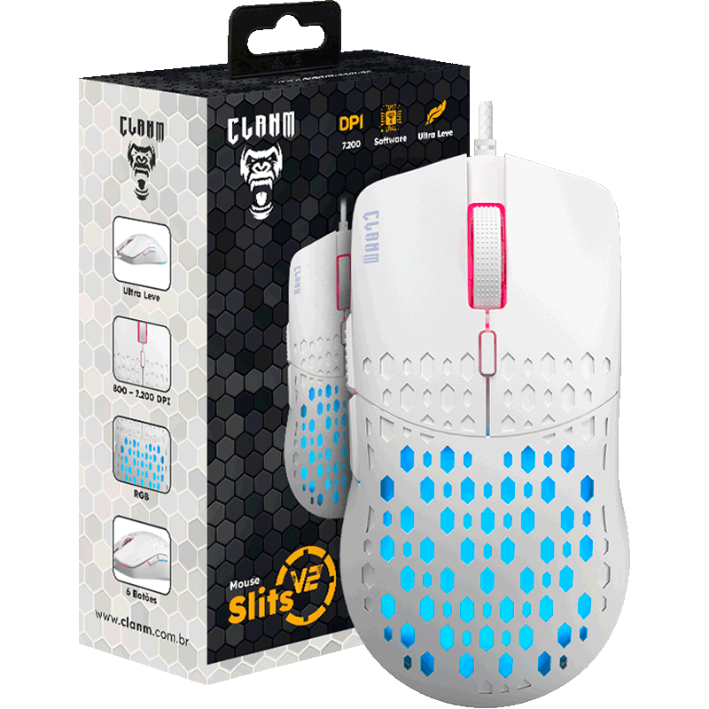 Mouse gamer 7200dpi Clanm - King Slits v2 branco